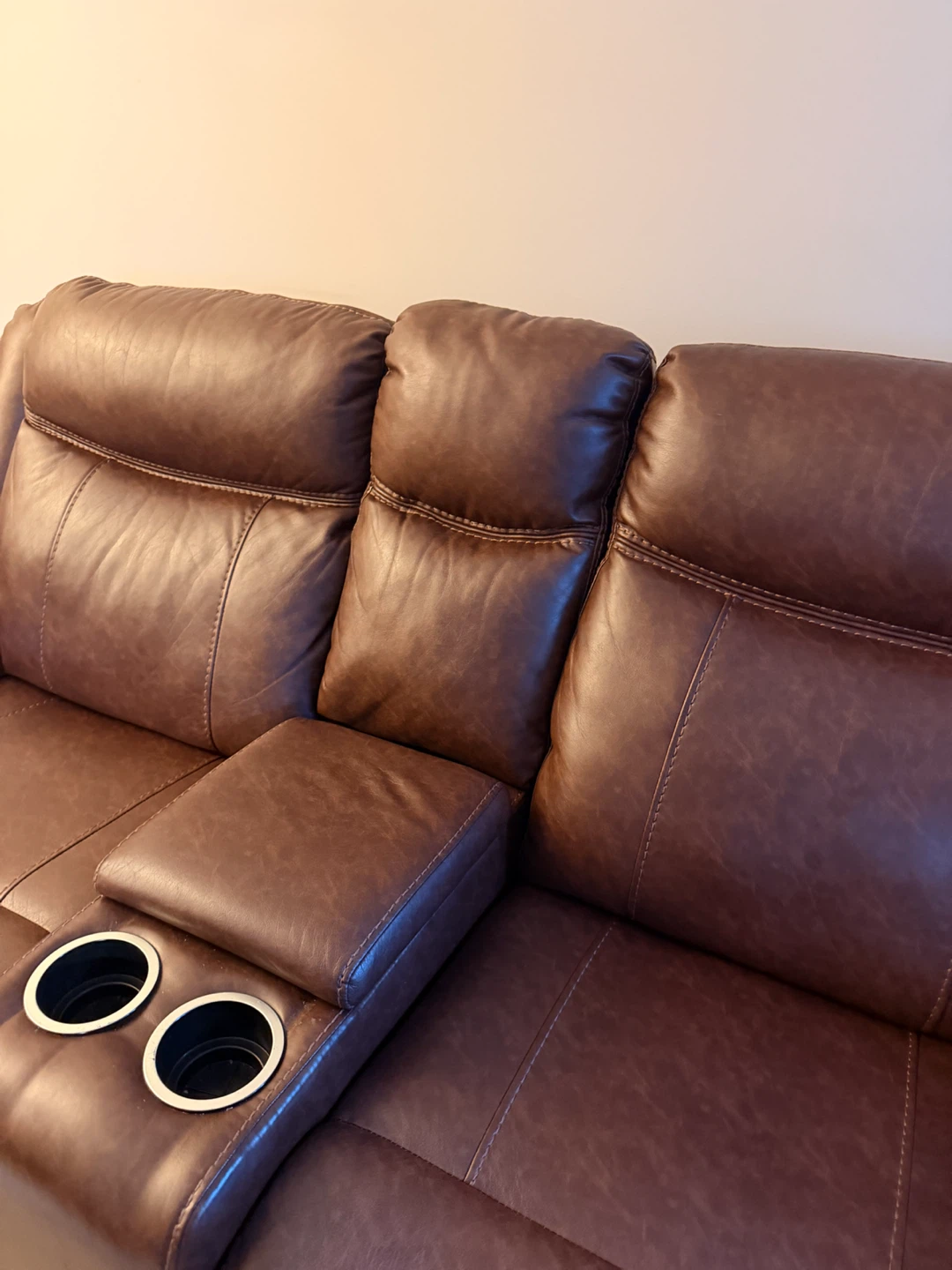 Brown Leather Loveseat Recliner with Cup Holders - photo 2