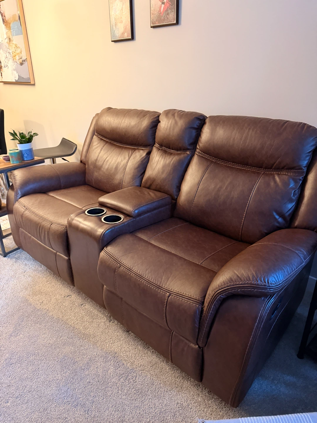 Brown Leather Loveseat Recliner with Cup Holders - photo 3