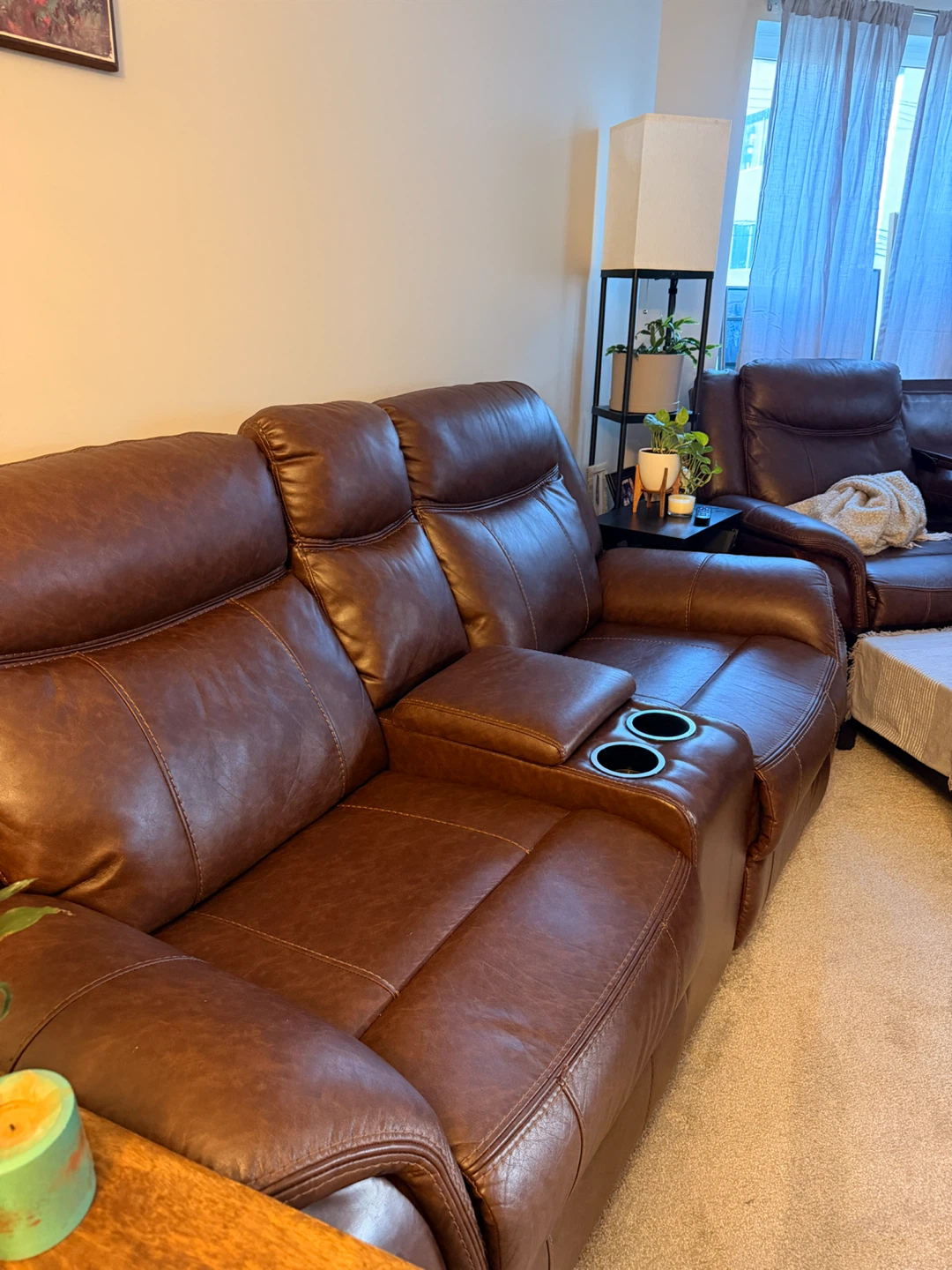 Brown Leather Loveseat Recliner with Cup Holders - photo 4