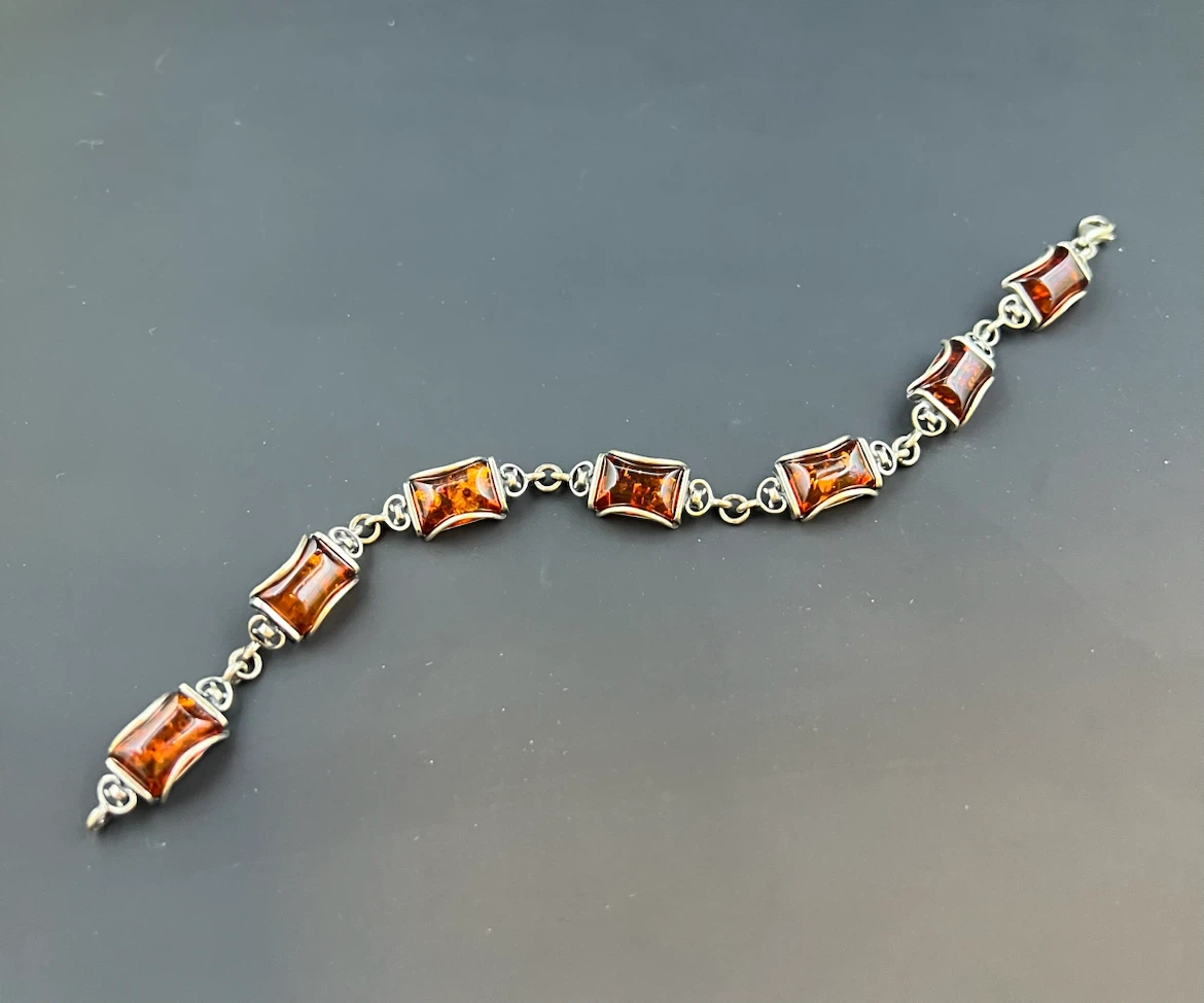 Vintage Sterling Silver Baltic Amber Link Bracelet