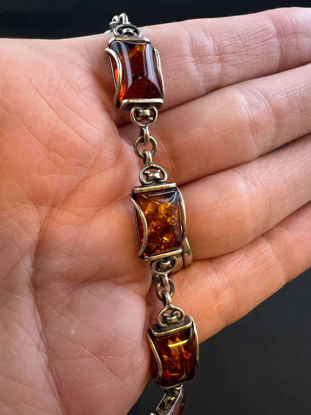 Vintage Sterling Silver Baltic Amber Link Bracelet - photo 3