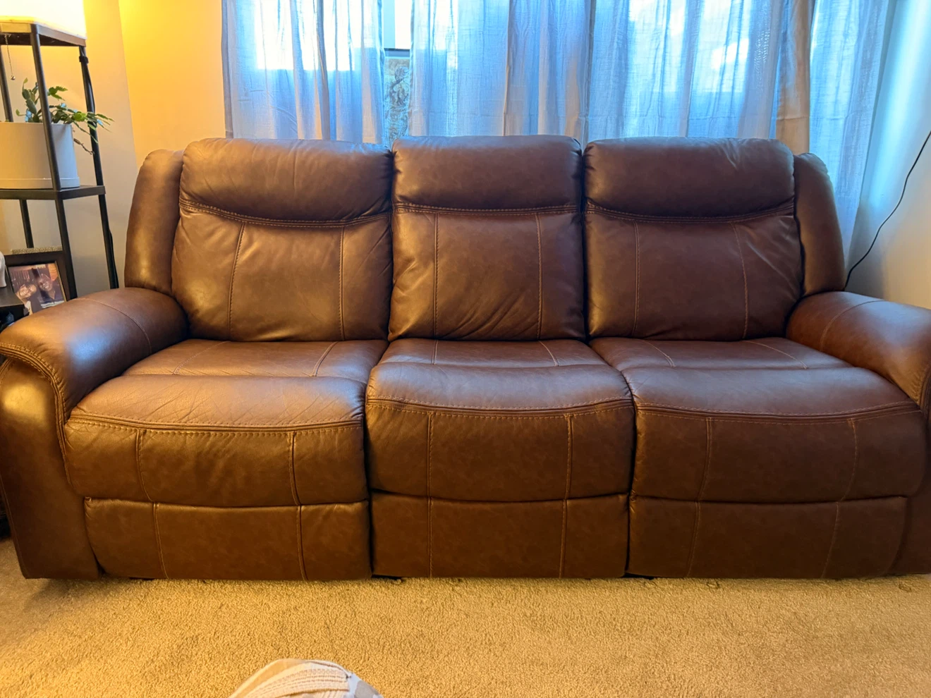 Brown Leather 3-Seater Reclining Sofa with Cup Holders