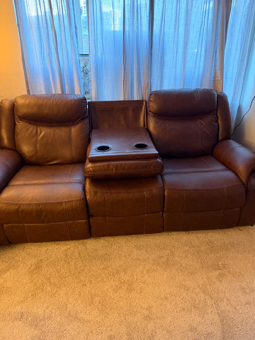 Brown Leather 3-Seater Reclining Sofa with Cup Holders - photo 2