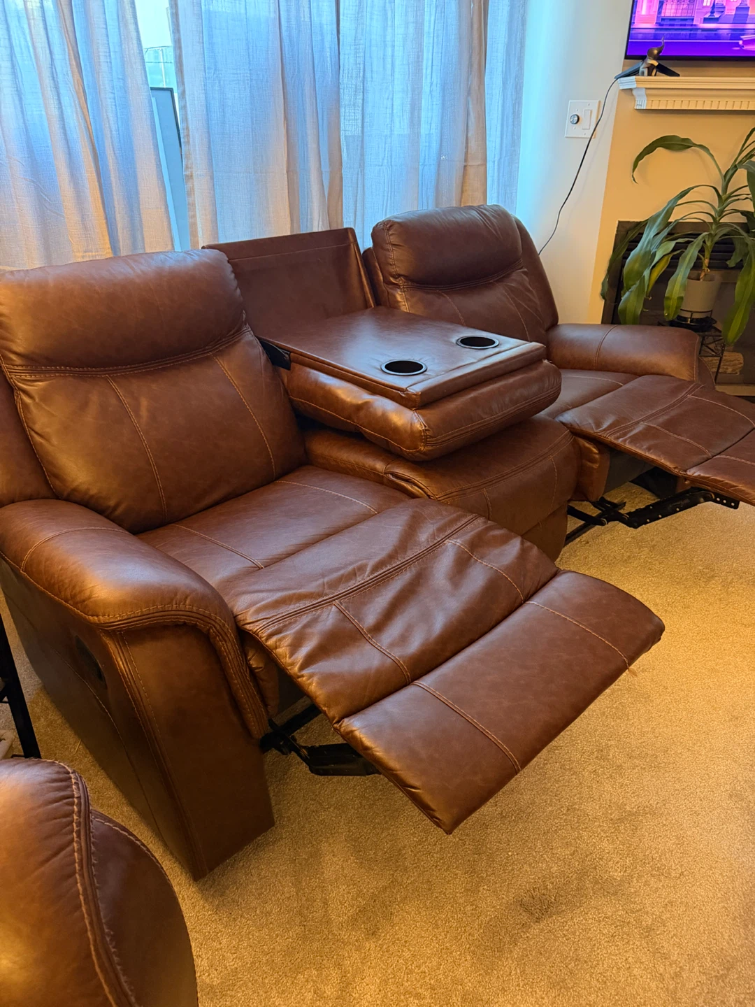 Brown Leather 3-Seater Reclining Sofa with Cup Holders - photo 4