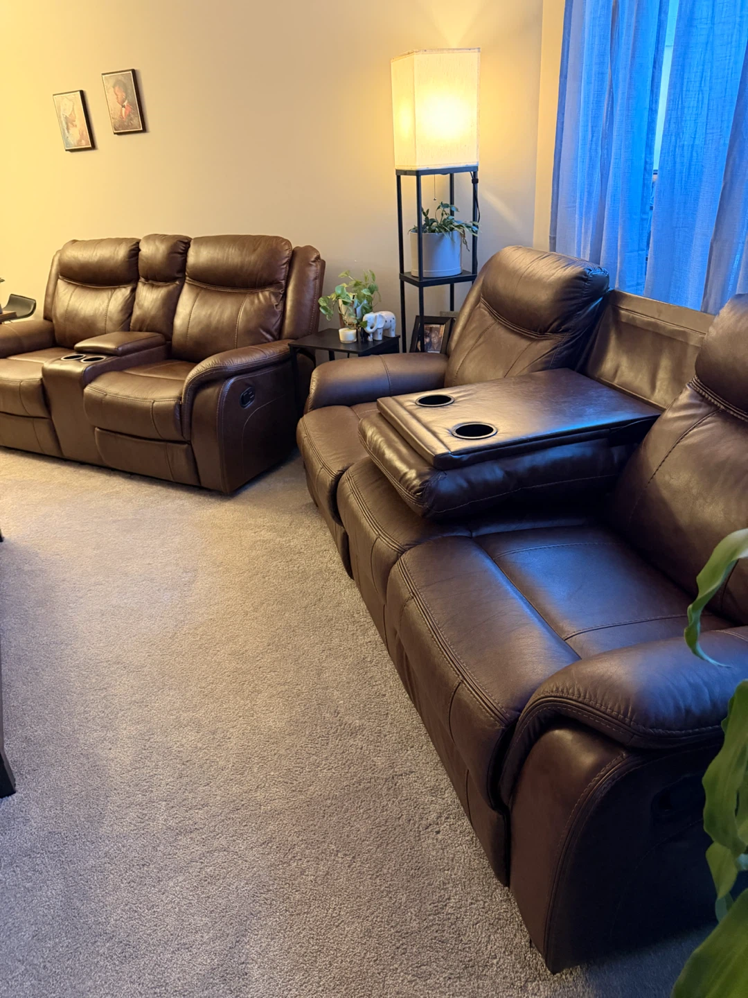 Brown Leather Reclining Sectional Sofa with Cup Holders