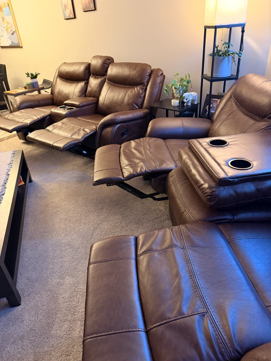 Brown Leather Reclining Sectional Sofa with Cup Holders - photo 2