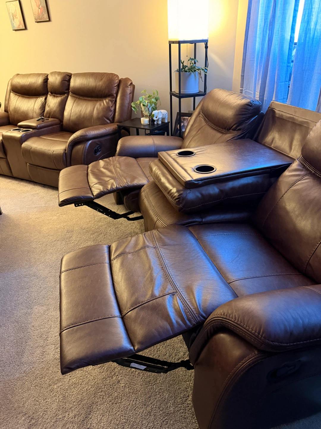 Brown Leather Reclining Sectional Sofa with Cup Holders - photo 4