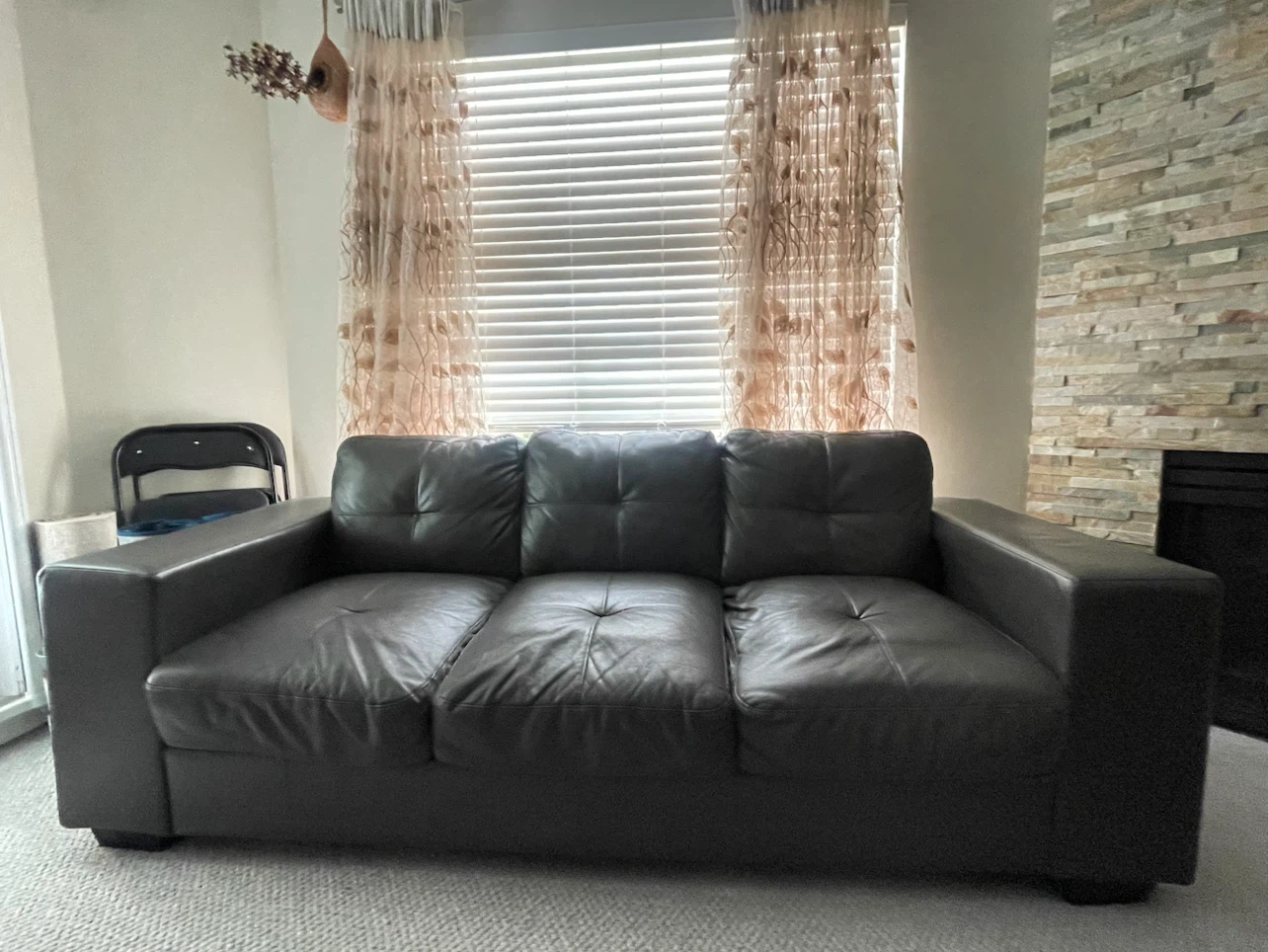 Dark Grey Leather 3-Seater Sofa