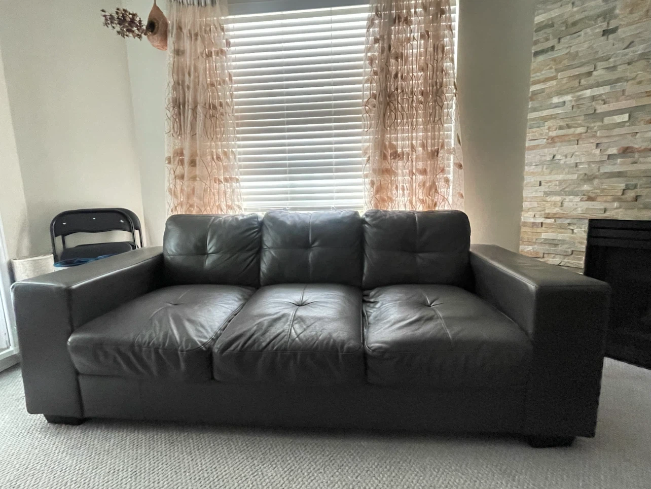 Dark Grey Leather 3-Seater Sofa - photo 2