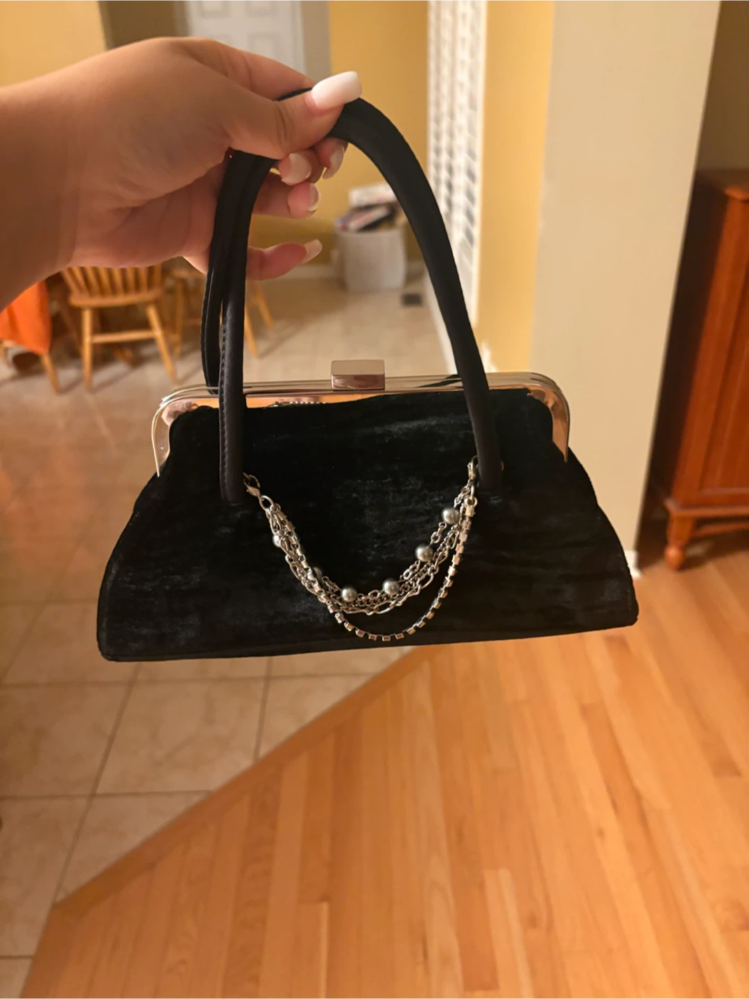 Black Velvet Kiss Lock Handbag with Silver Charms