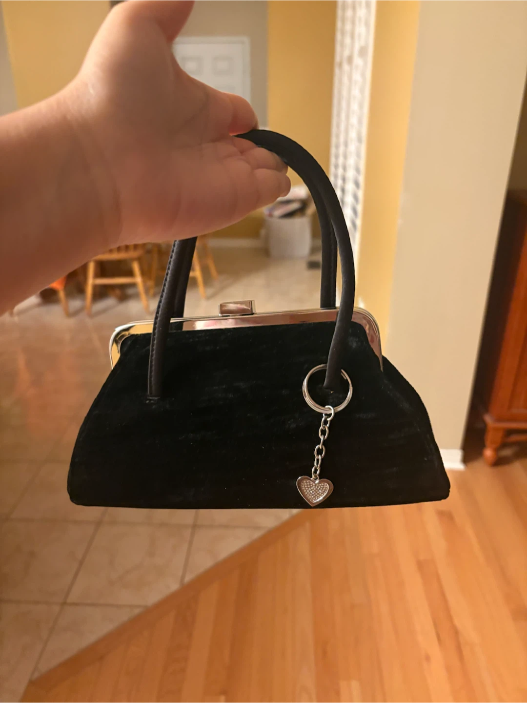 Black Velvet Kiss Lock Handbag with Silver Charms - photo 2