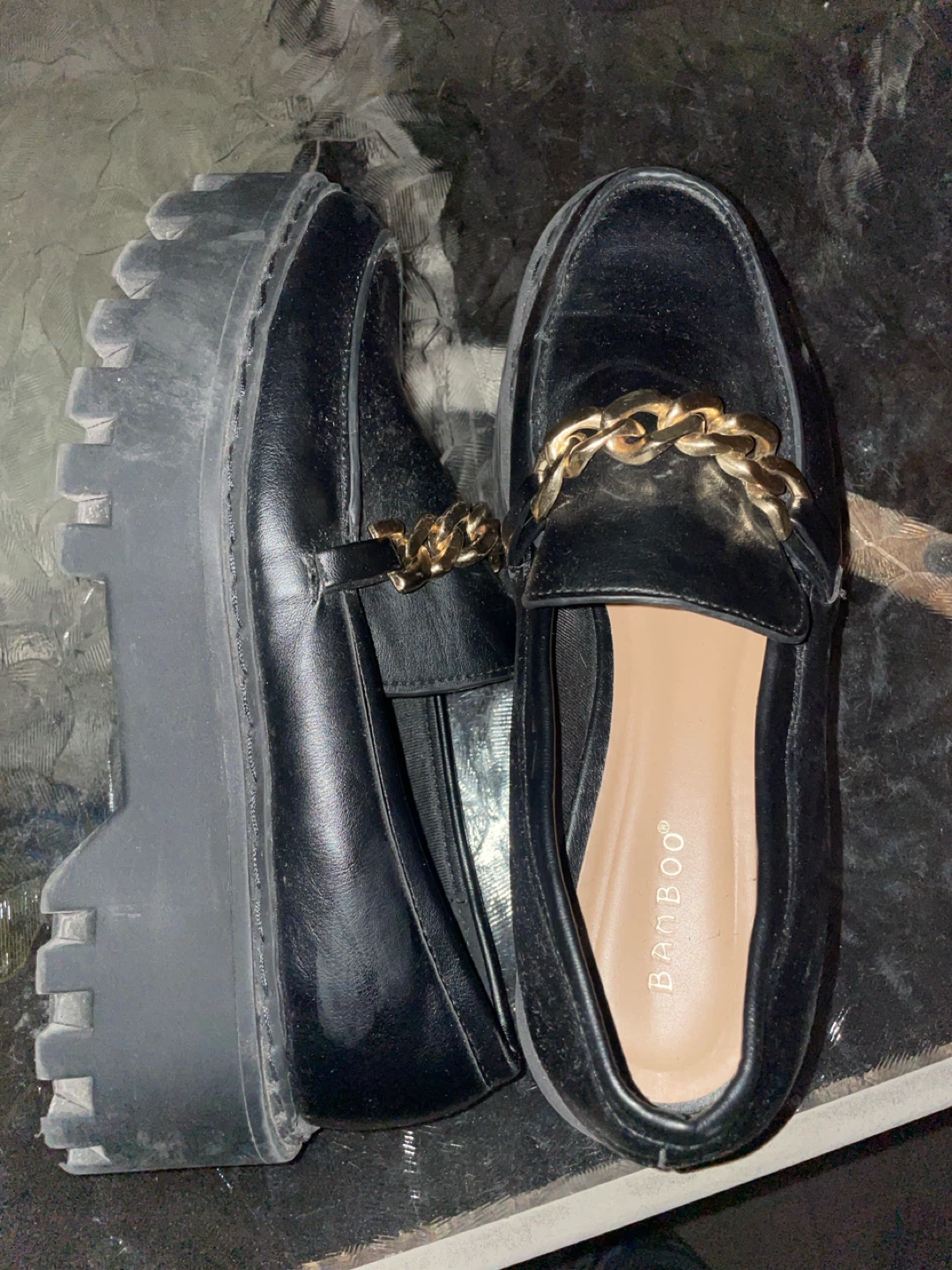 Bamboo Black Loafers with Gold Chain Detail