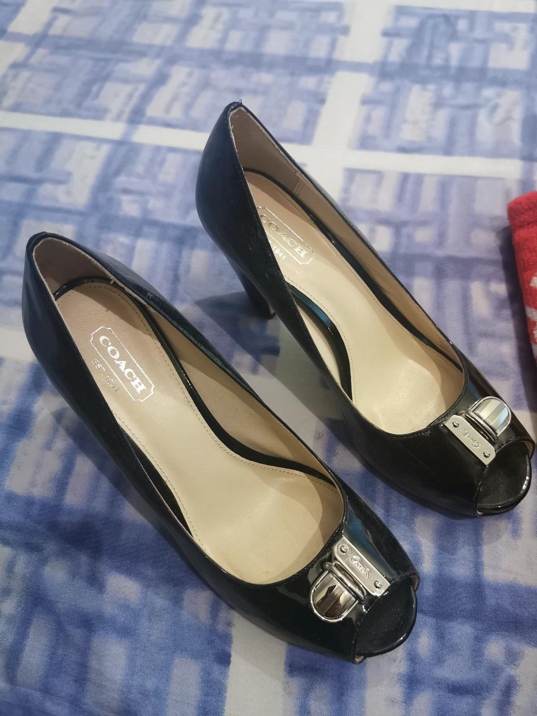 Coach Black Patent Leather Peep-Toe Heels