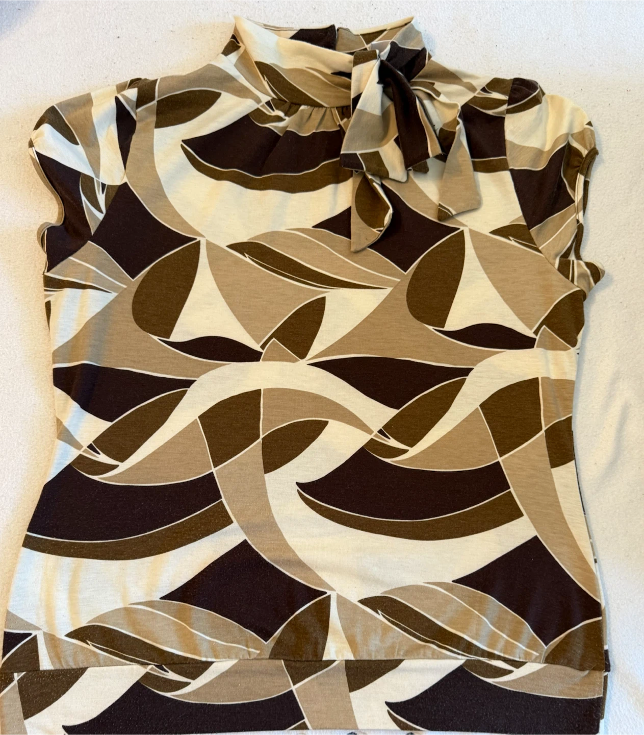 Brown & Cream Print Mock Neck Top with self-tie Bow