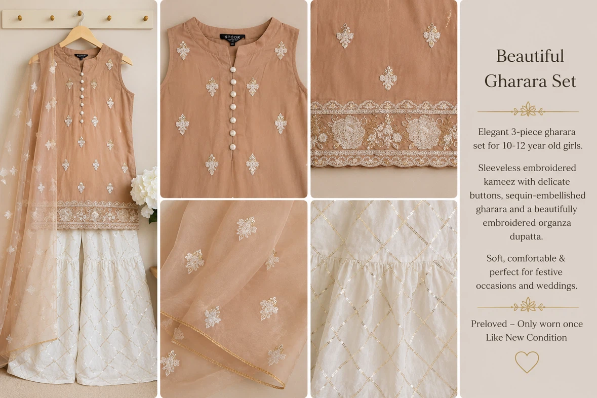 Girls' 3-Piece Embroidered Gharara Set - Size 10-12