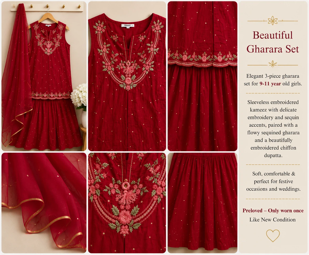 Beautiful Embroidered Gharara Set for Girls (9-11 Years)