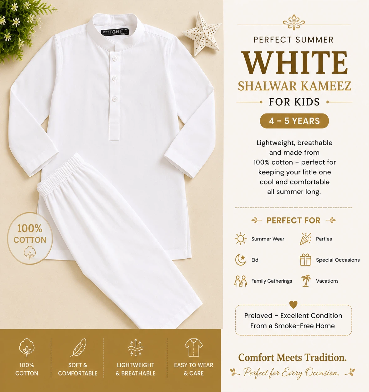 Stitch Fit White Shalwar Kameez for Kids Size 4-5 Years