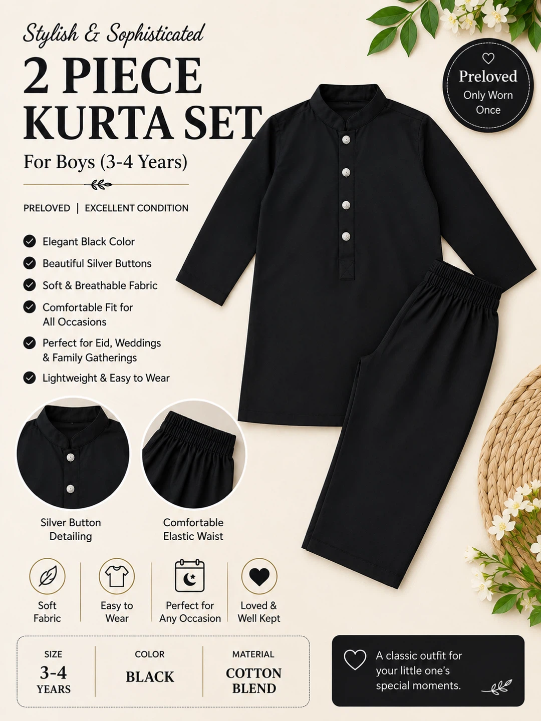 2 Piece Kurta Set for Boys - Black (Size 3-4 Years)