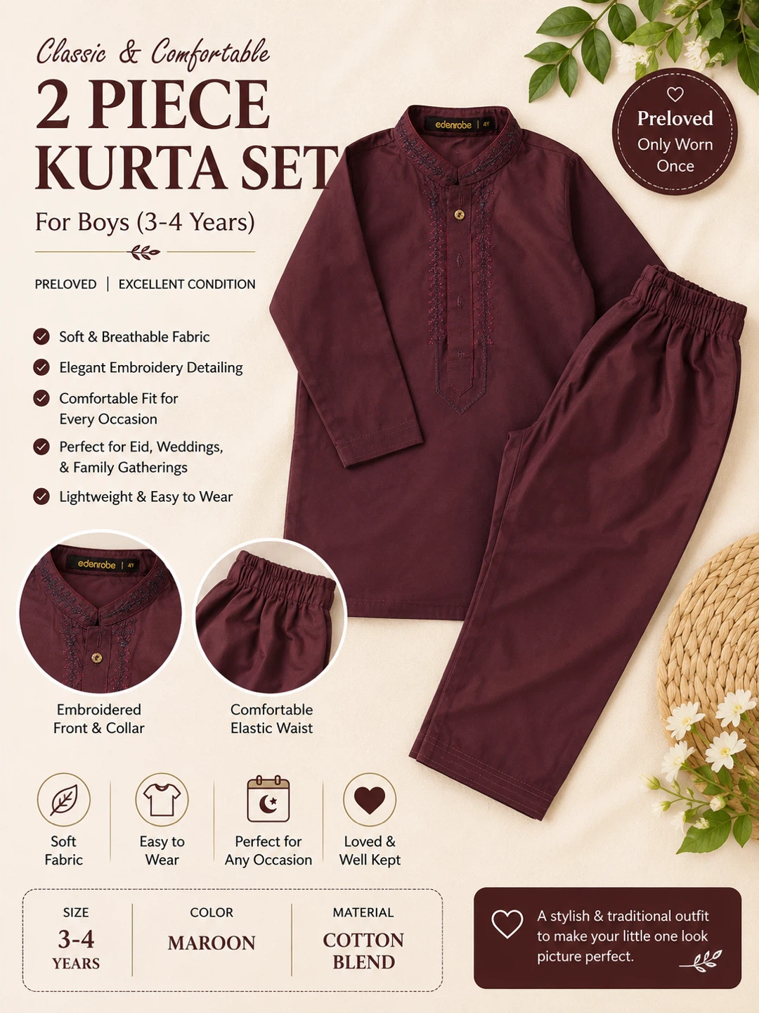 Edenrobe 2 Piece Kurta Set for Boys - Maroon, Size 3-4 Years