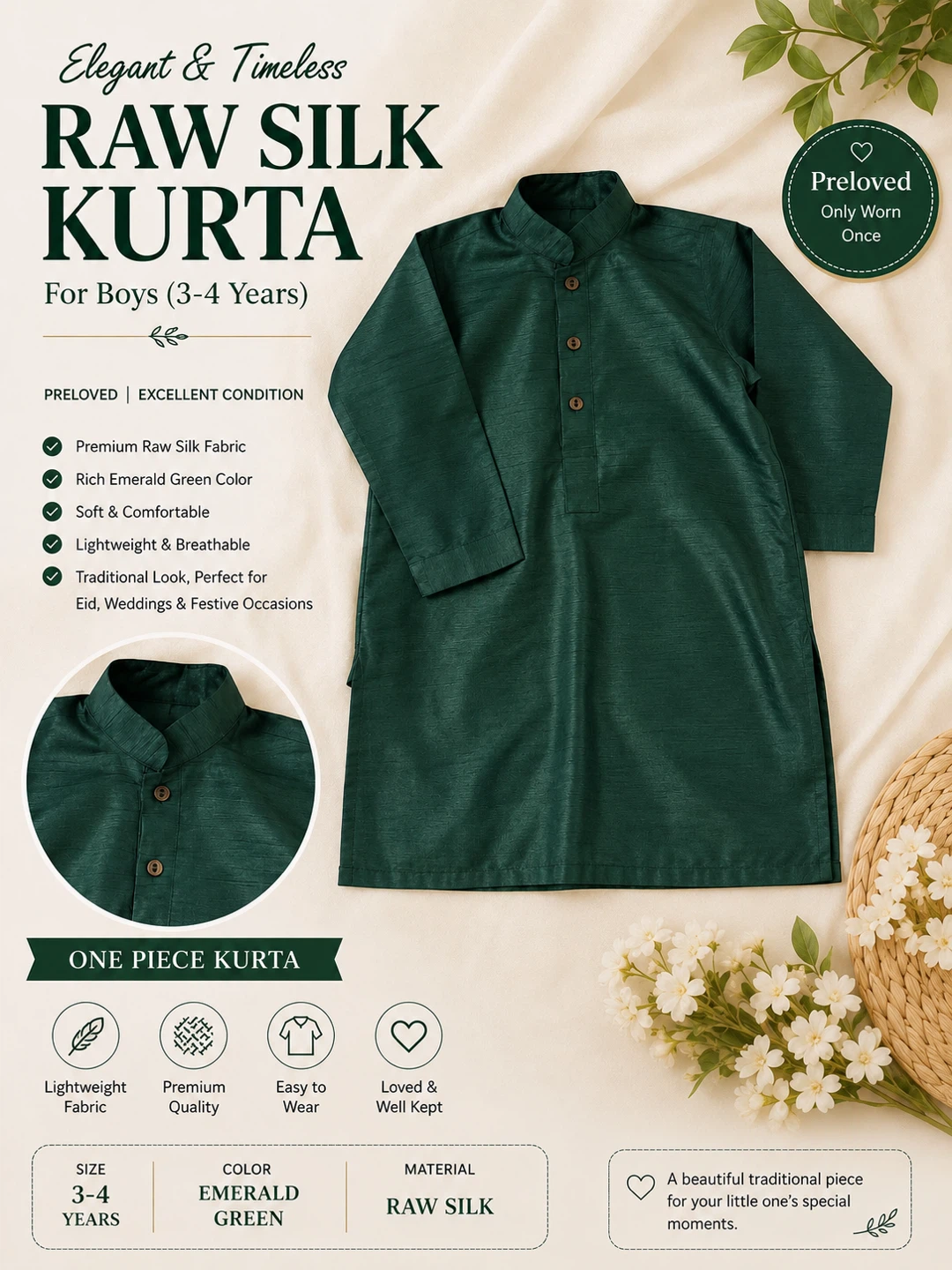 Boys Raw Silk Kurta - Emerald Green (3-4 Years)