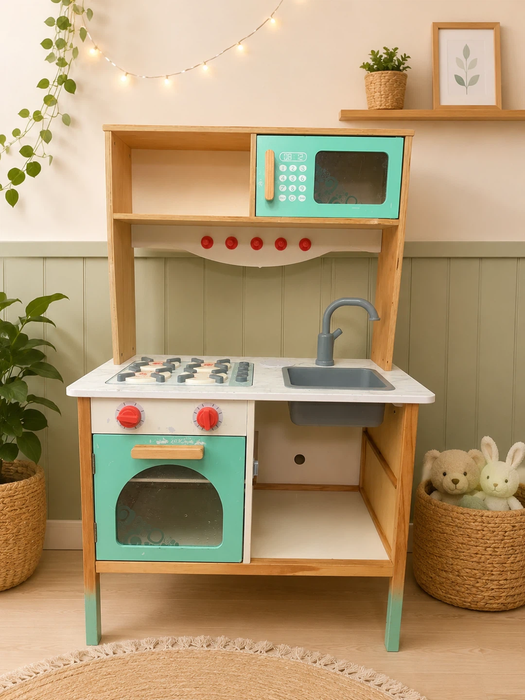 Wooden Play Kitchen with Microwave and Oven