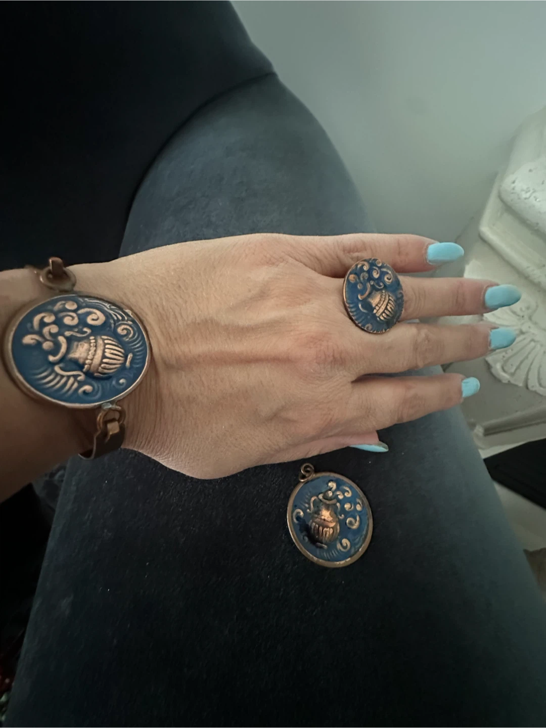 Vintage Blue Enamel Medallion Pendant and Ring Set
