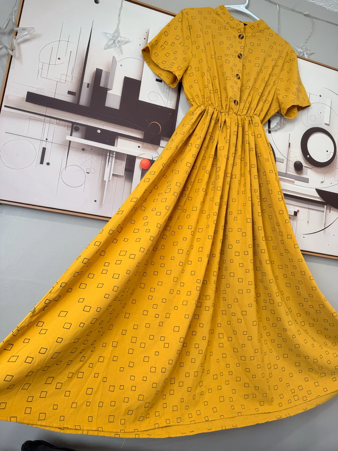 Yellow midi dress with geometric print