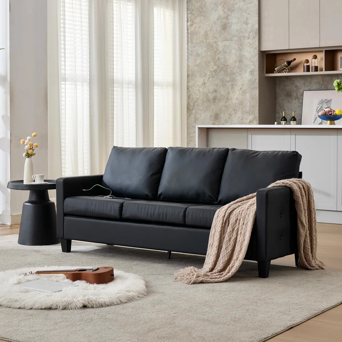 Black Faux Leather Tufted Sofa with USB Ports