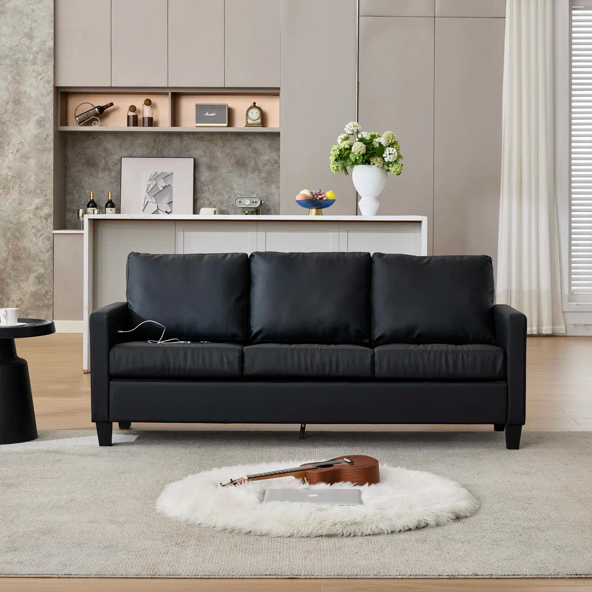 Black Faux Leather Tufted Sofa with USB Ports - photo 2