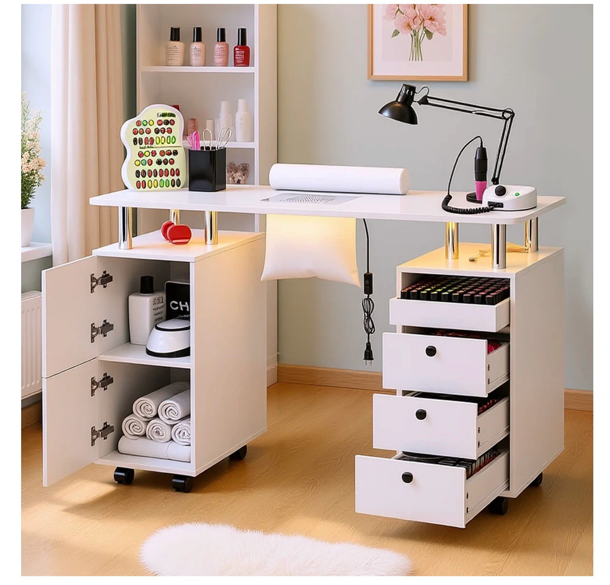 White Manicure Nail Table with Built-in Fan and Lighting