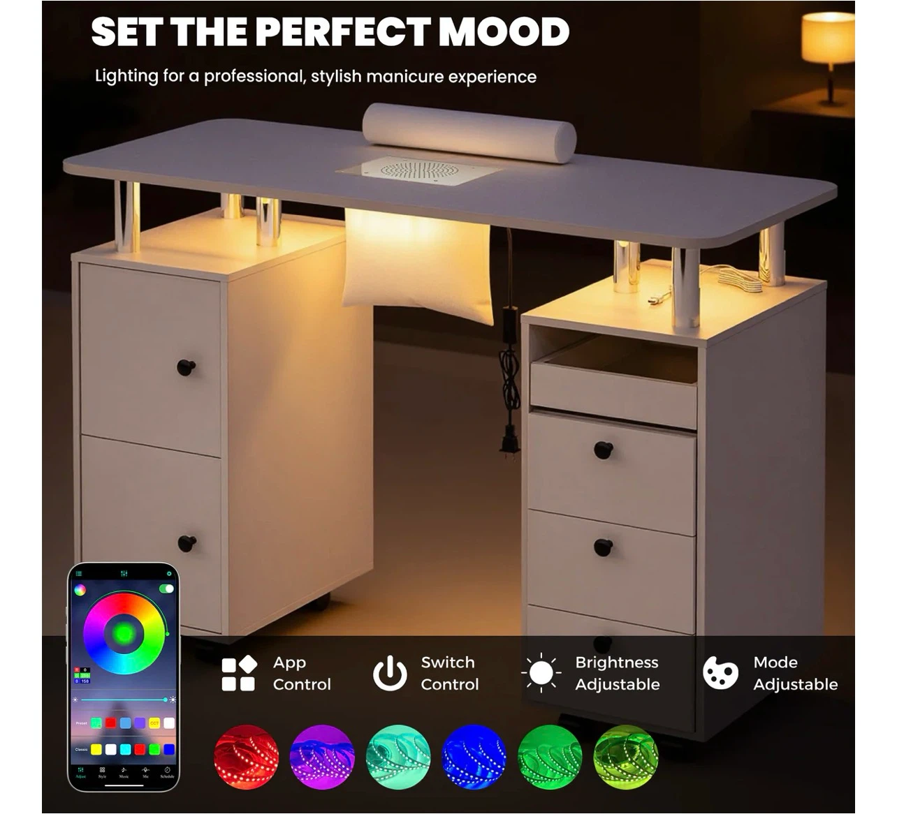 White Manicure Nail Table with Built-in Fan and Lighting - photo 2