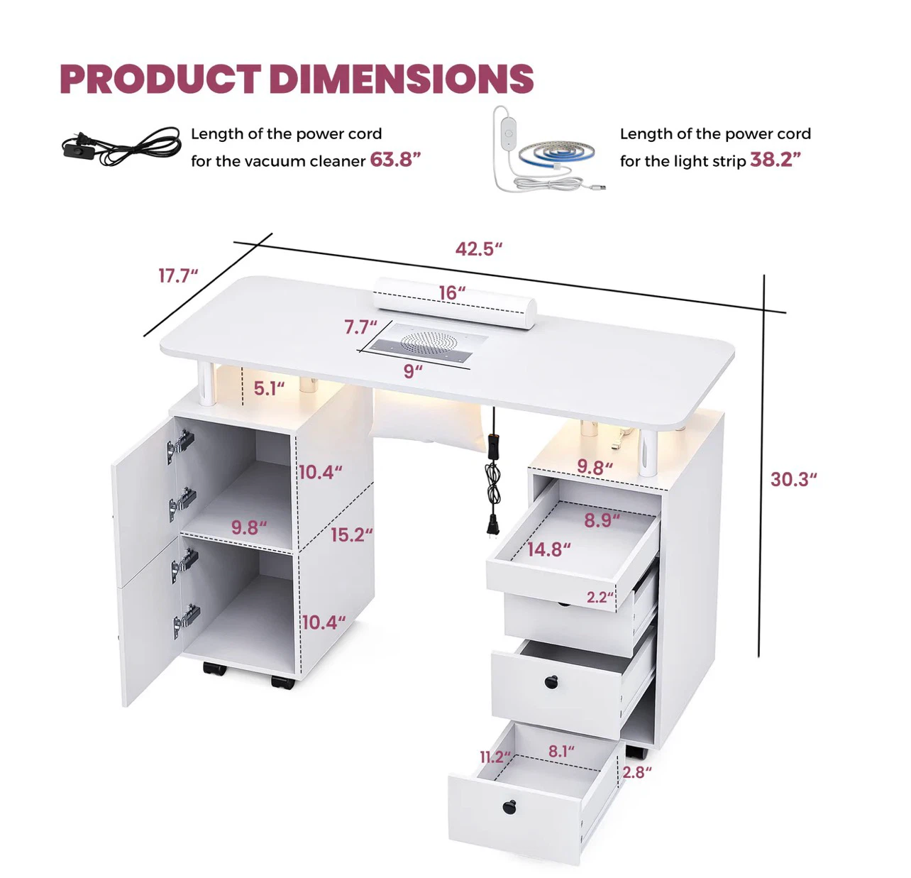 White Manicure Nail Table with Built-in Fan and Lighting - photo 3