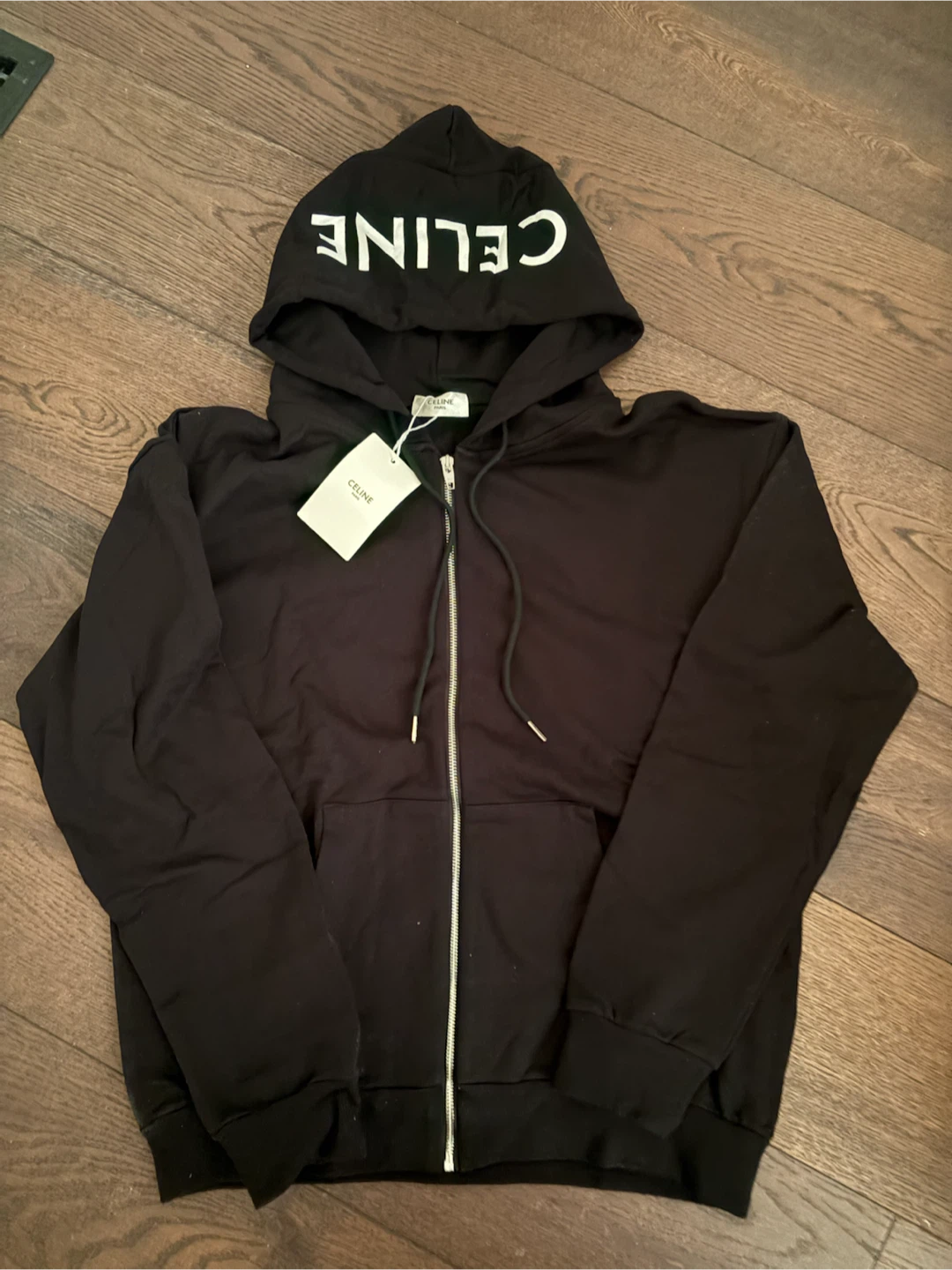 Celine Black Zip-Up Hoodie with Logo on Hood