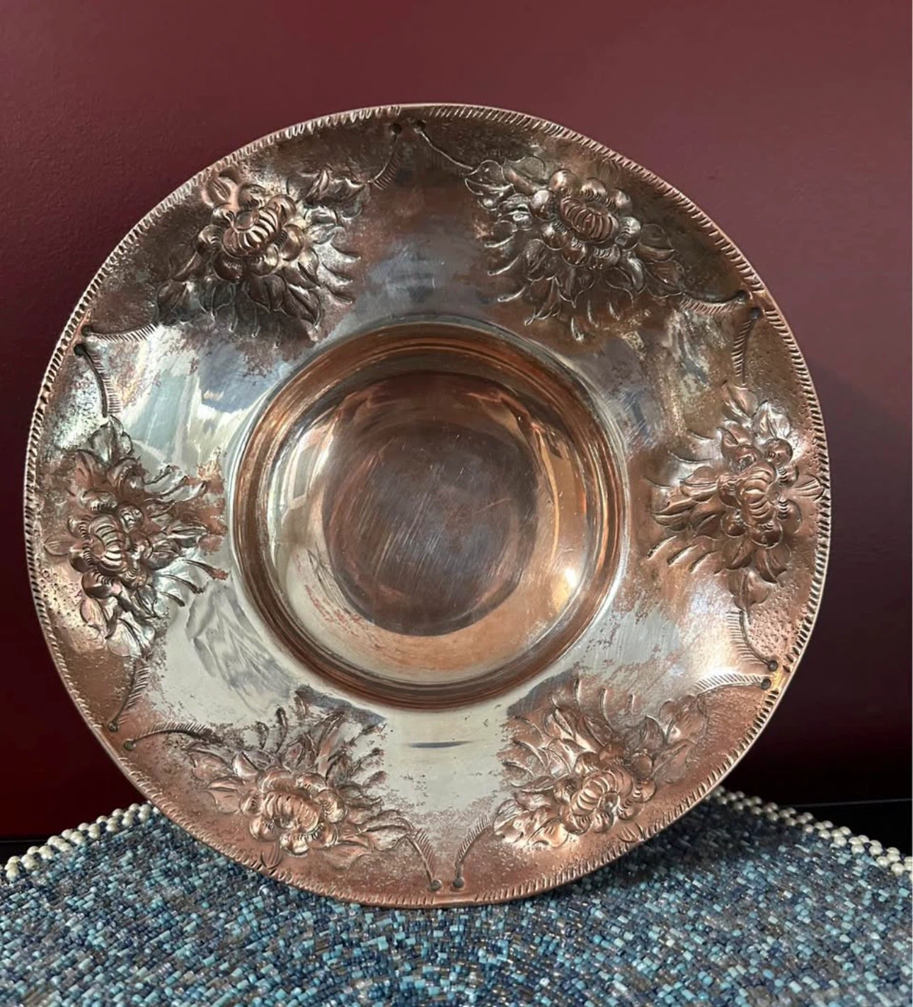 Vintage Floral Repoussé Footed Bowl | Mid-Century Deco - photo 2