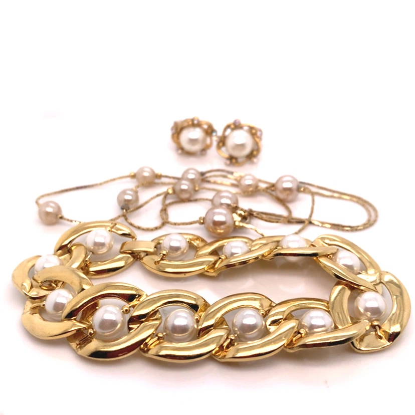 Gold Tone Pearl Necklace Bracelet and Earrings Set - photo 2