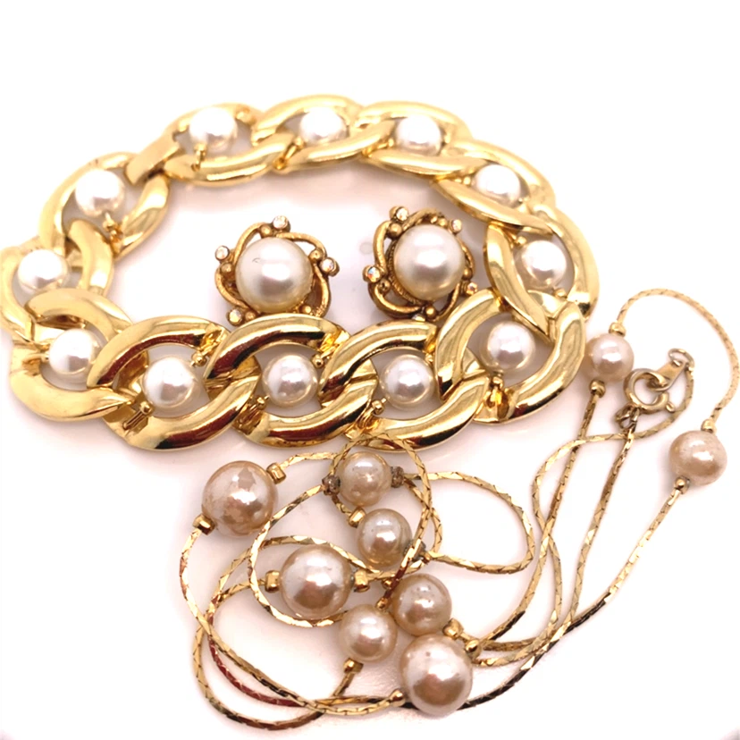 Gold Tone Pearl Necklace Bracelet and Earrings Set - photo 3
