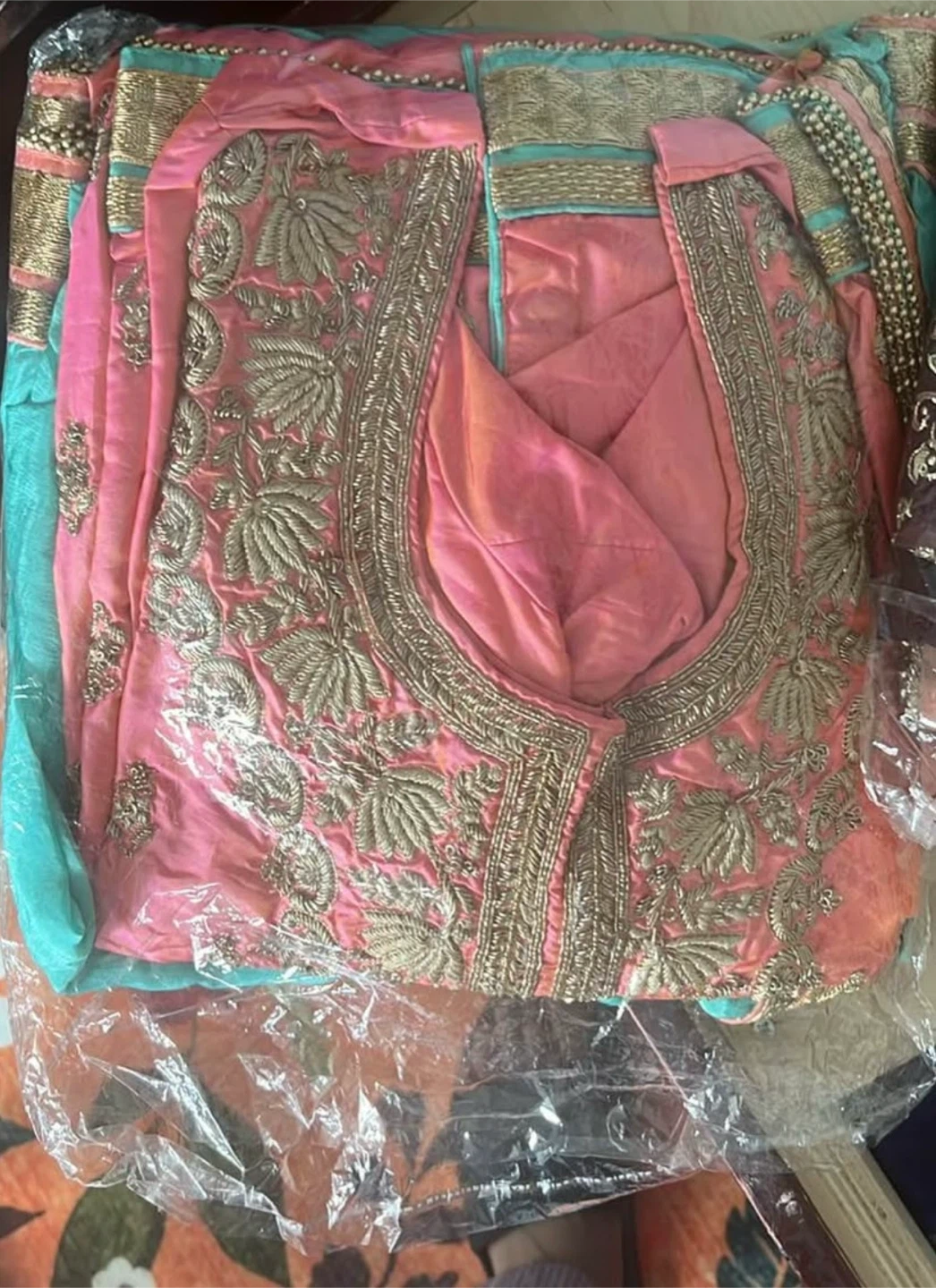 Pink and Teal Embroidered Punjabi Suit
