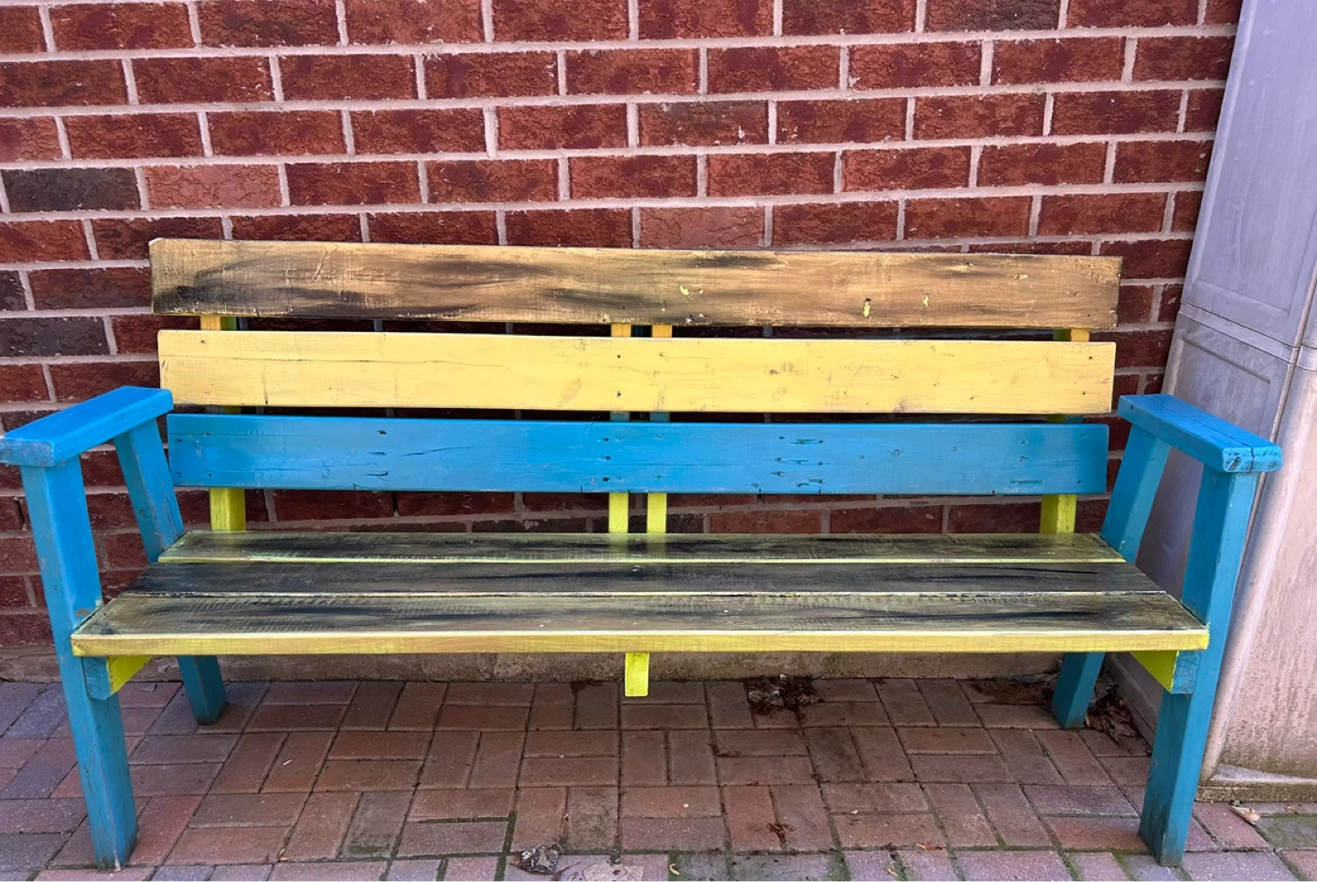 Colourful Wooden Bench 74”long 39” high and 17” wide