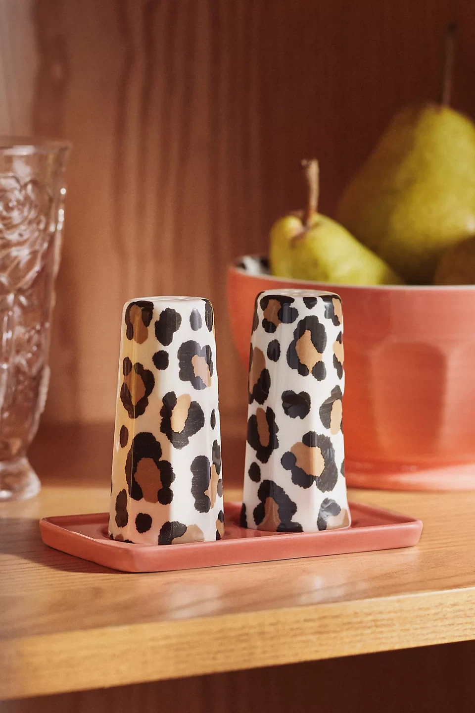 Anthropologie New Hand-painted Leopard Stoneware Salt & Pepper