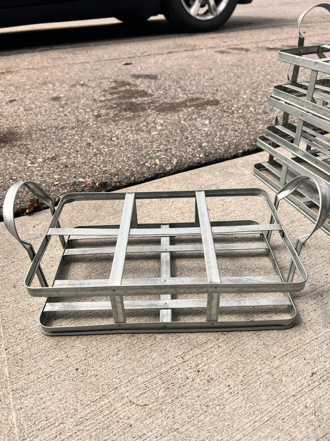 Vintage galvanized steel milk bottle carrier