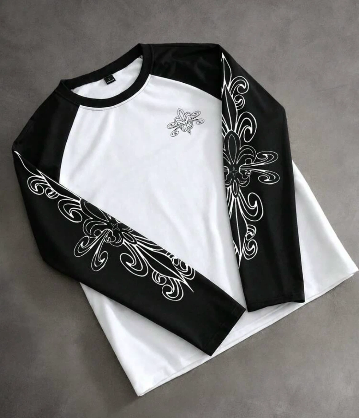 Black and White Raglan Long Sleeve T-Shirt with Graphic Print