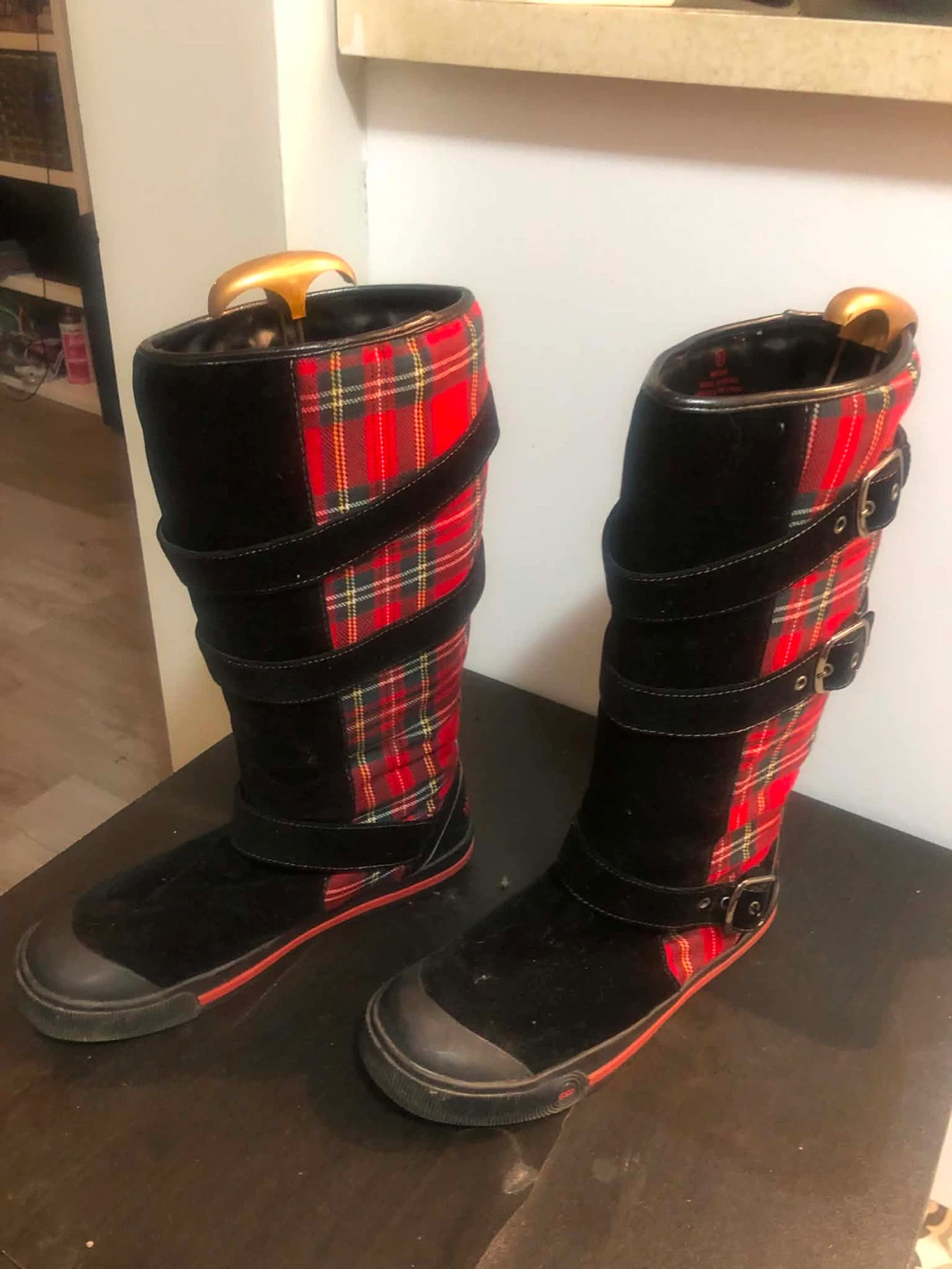 Black and Red Plaid Tall Boots