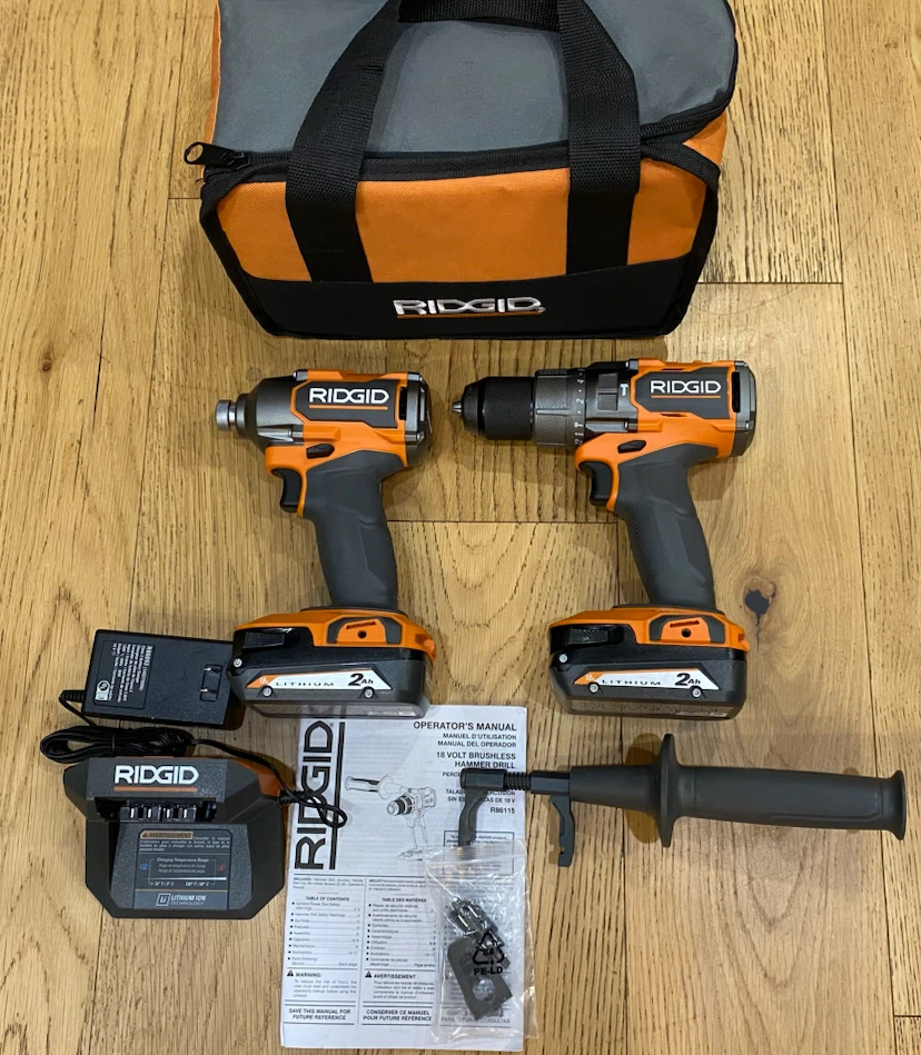 RIDGID 18V Brushless Hammer Drill Kit with Bag and Batteries