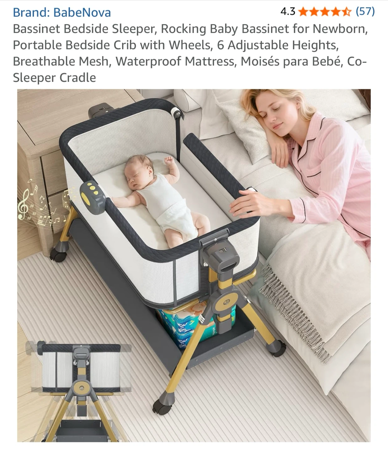 BabeNova Bassinet Bedside Sleeper with Wheels
