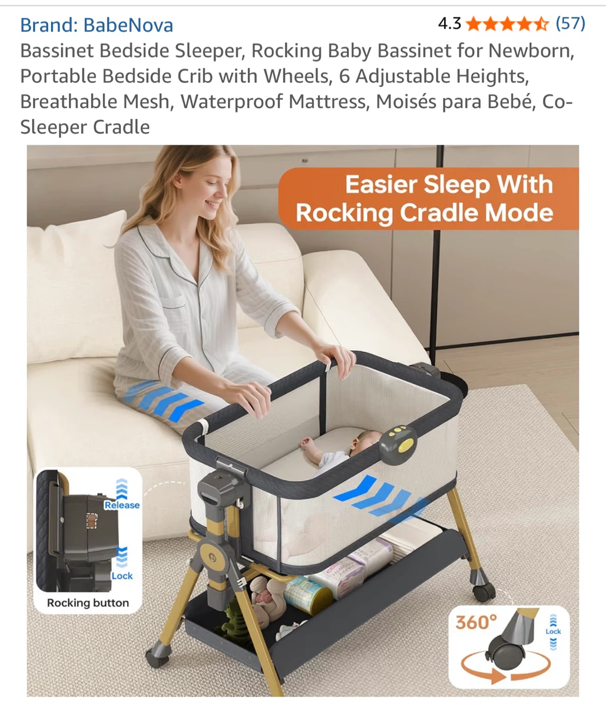 BabeNova Bassinet Bedside Sleeper with Wheels - photo 3