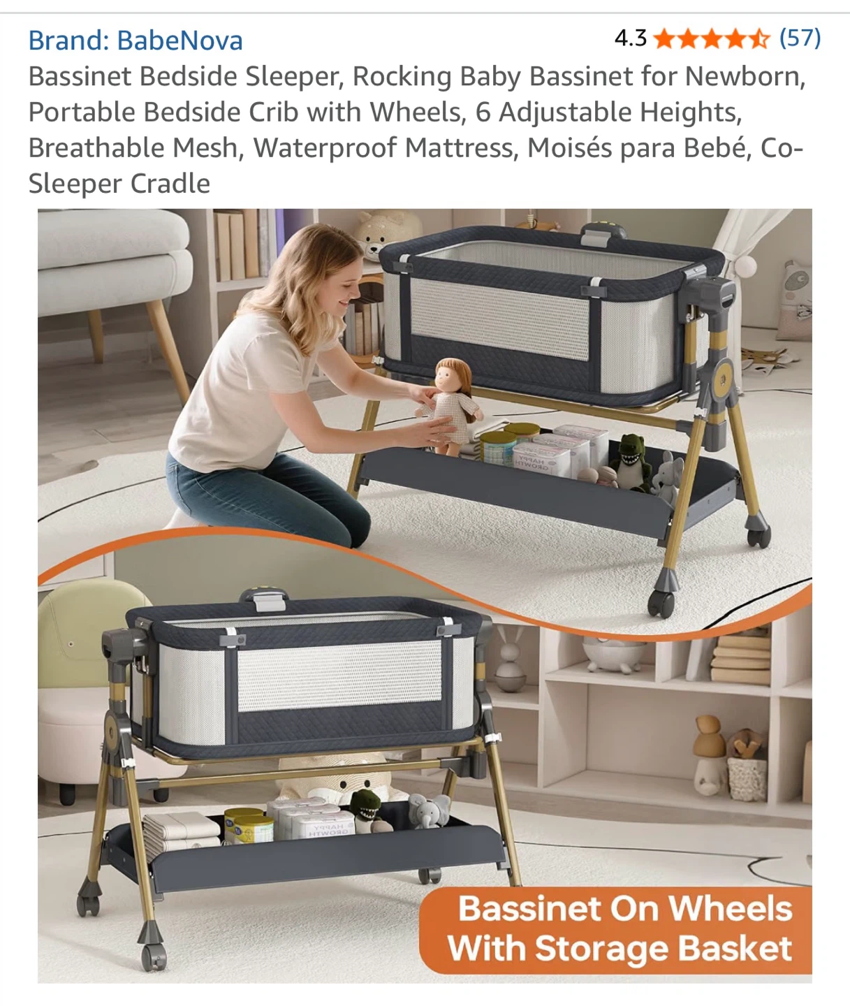 BabeNova Bassinet Bedside Sleeper with Wheels - photo 4