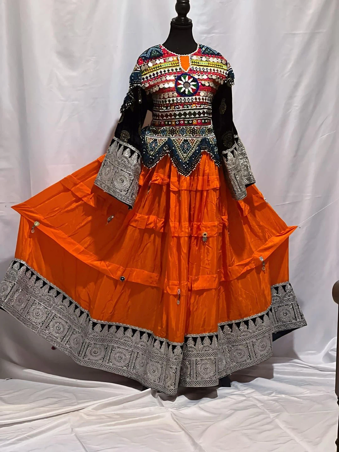 Embroidered Orange Dress with Silver Trim
