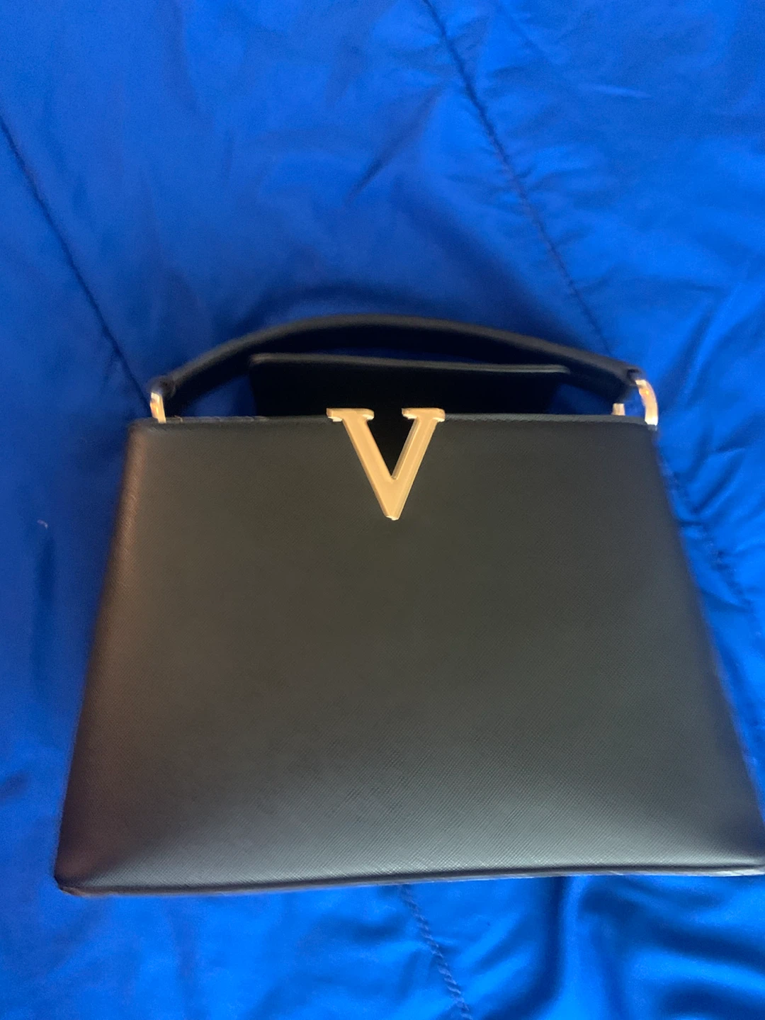Black Handbag with Gold V Detail