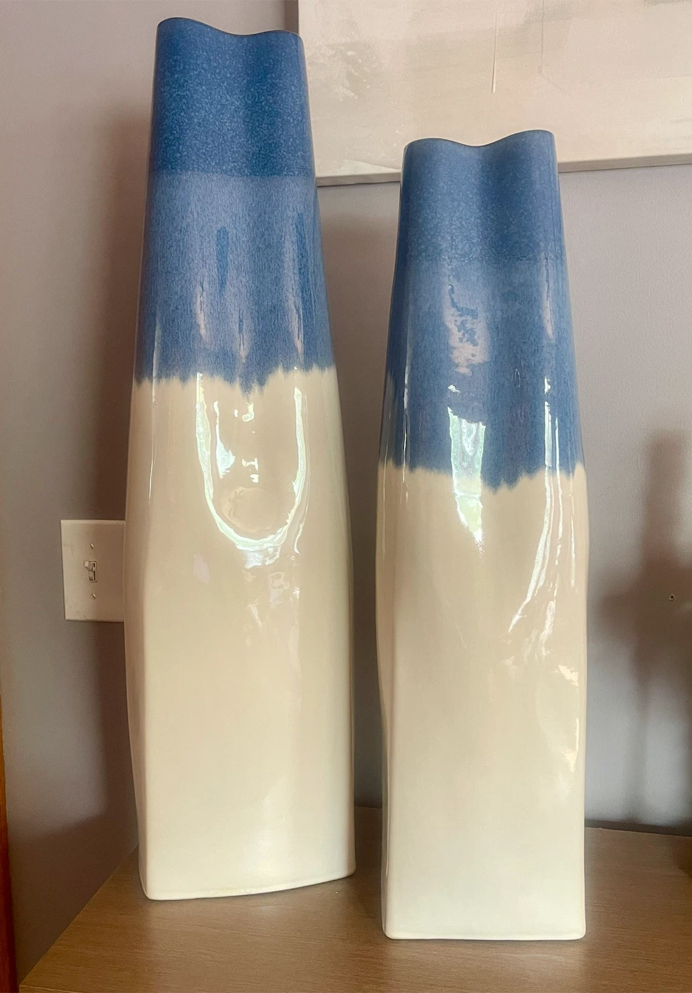 Set of 2 Tall Blue and White Ceramic Vases