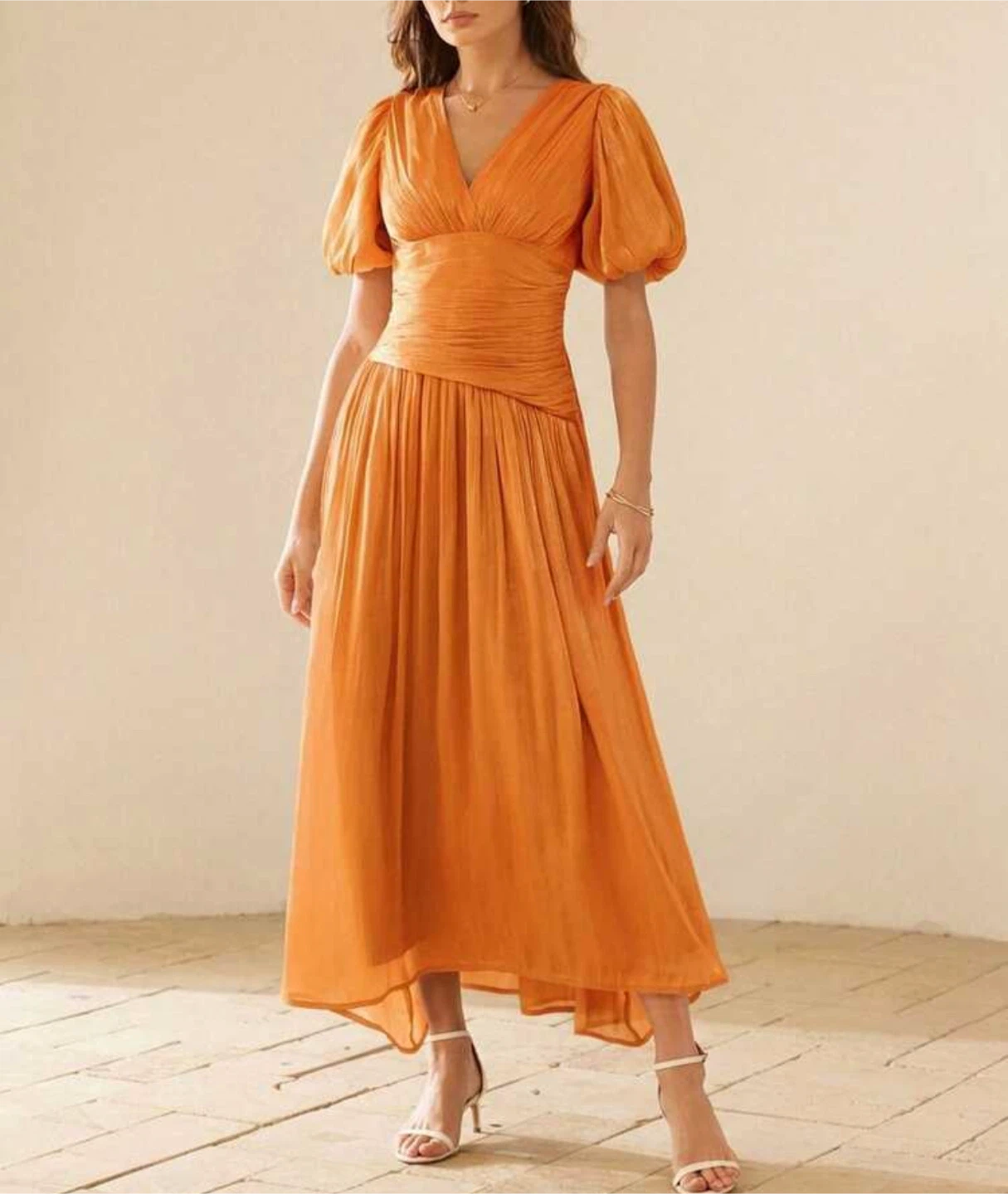 Orange Puff Sleeve Ruched Midi Dress